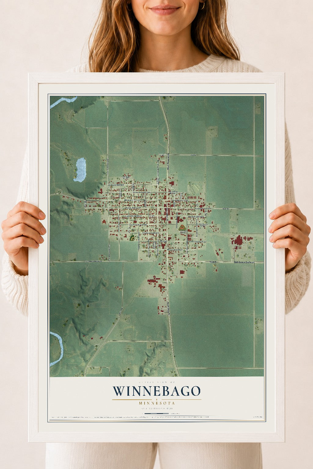 Map of Winnebago, Minnesota, 18 x 24 inch print in a white wood frame