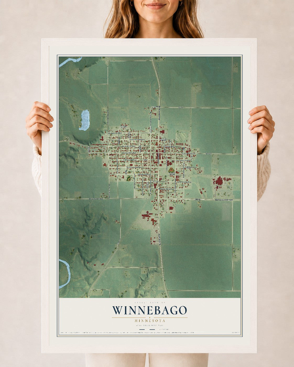 Map of Winnebago, Minnesota, 24 x 36 inch print in a white wood frame