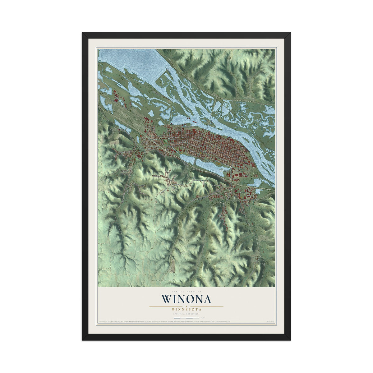 Map of Winona, Minnesota, 12 x 18 inch print in a black wood frame