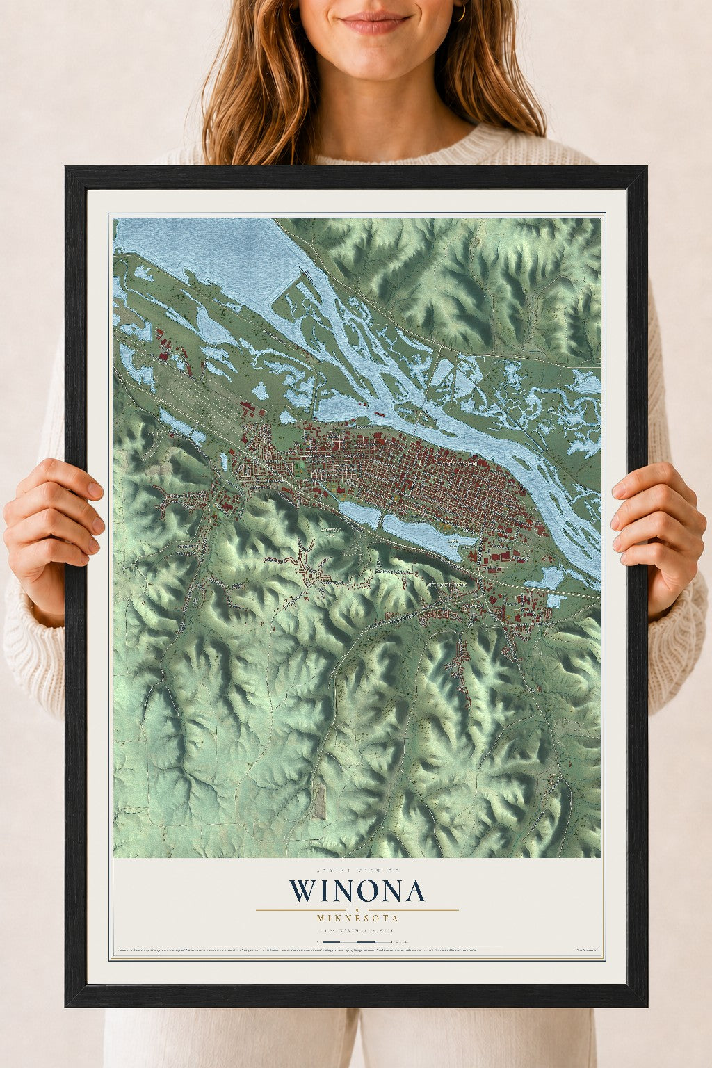Map of Winona, Minnesota, 18 x 24 inch print in a black wood frame