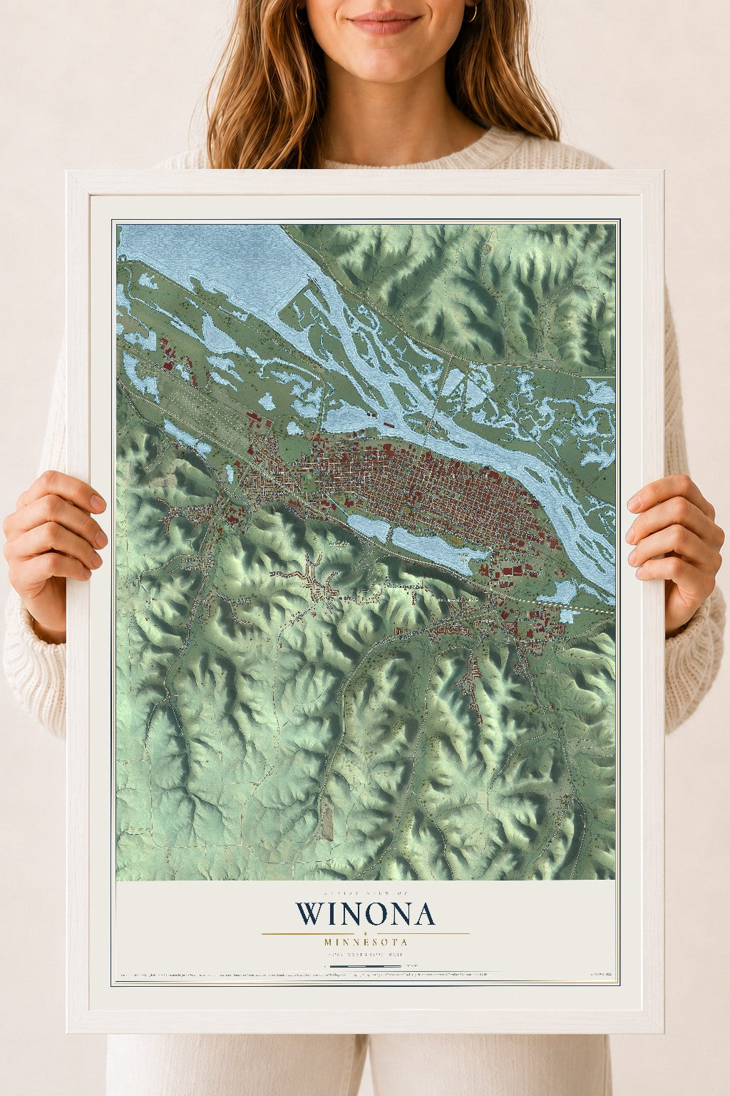 Map of Winona, Minnesota, 18 x 24 inch print in a white wood frame