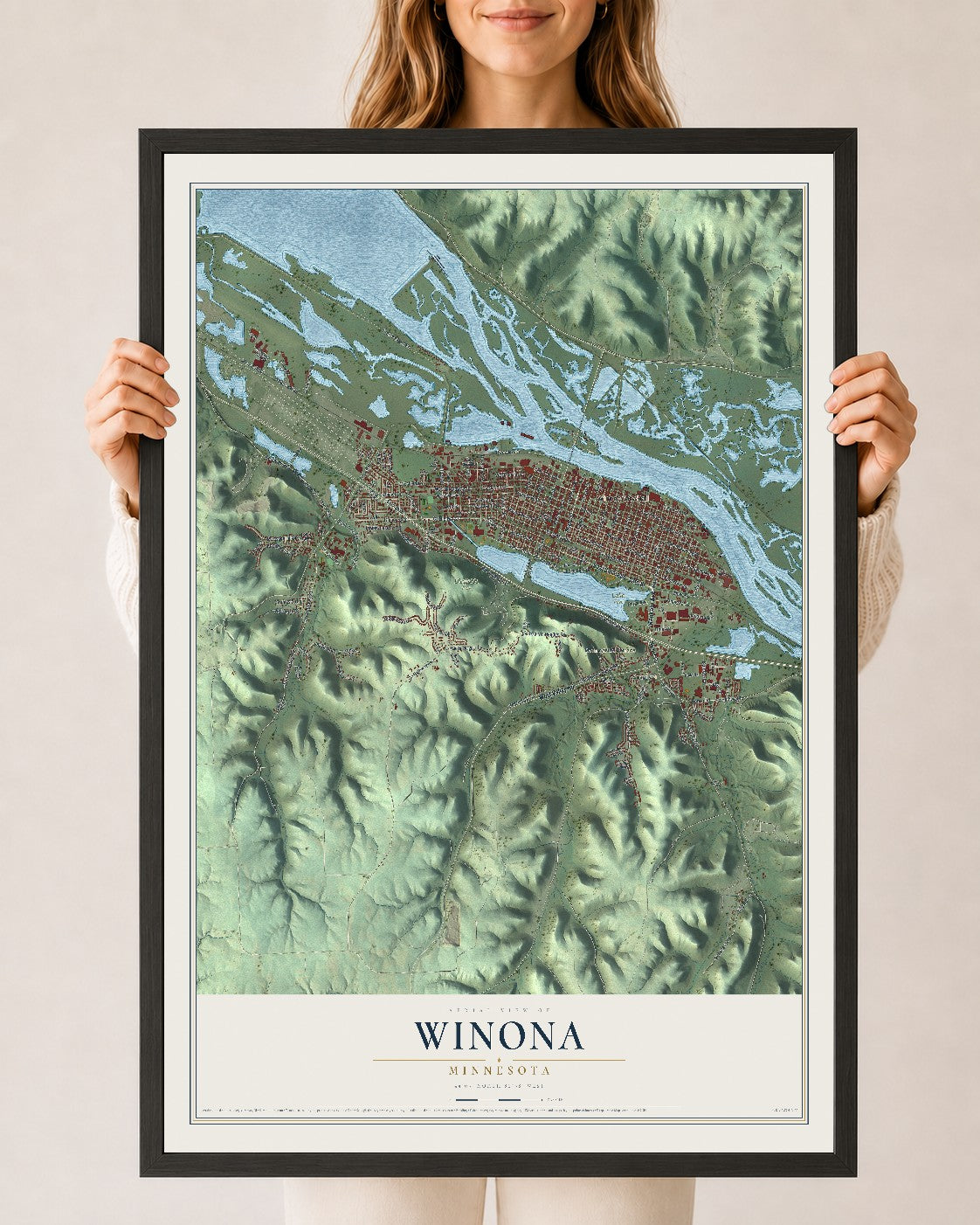 Map of Winona, Minnesota, 24 x 36 inch print in a black wood frame