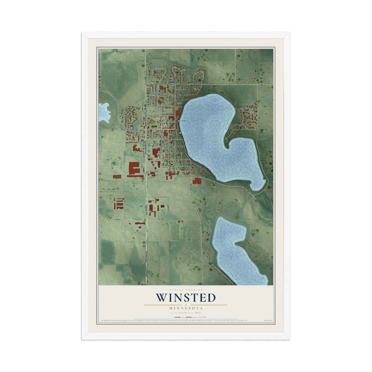 Map of Winsted, Minnesota, 12 x 18 inch print in a white wood frame