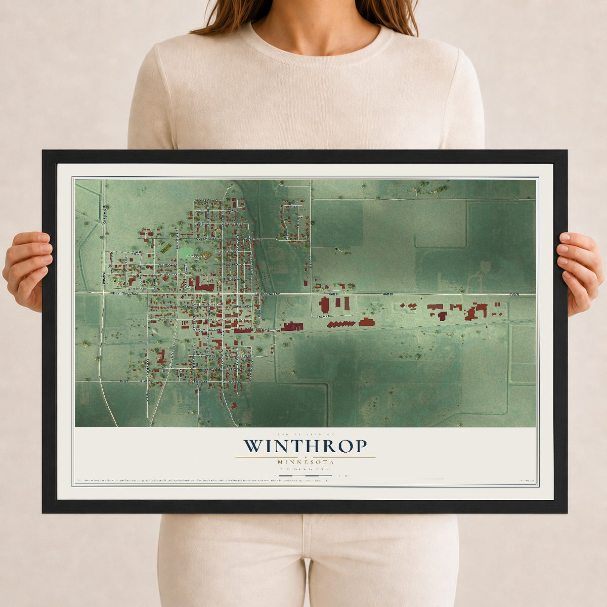 Map of Winthrop, Minnesota, 12 x 18 inch print in a black wood frame