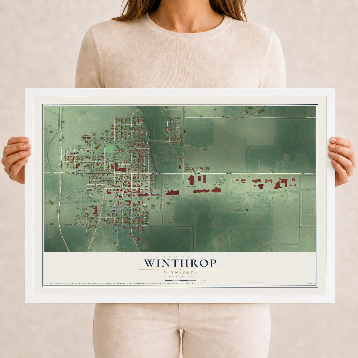 Map of Winthrop, Minnesota, 12 x 18 inch print in a white wood frame