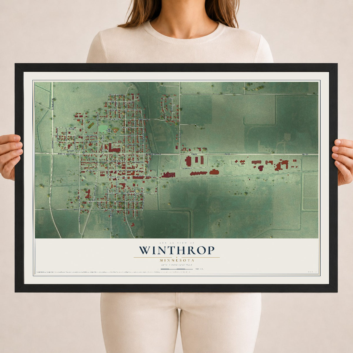 Map of Winthrop, Minnesota, 18 x 24 inch print in a black wood frame