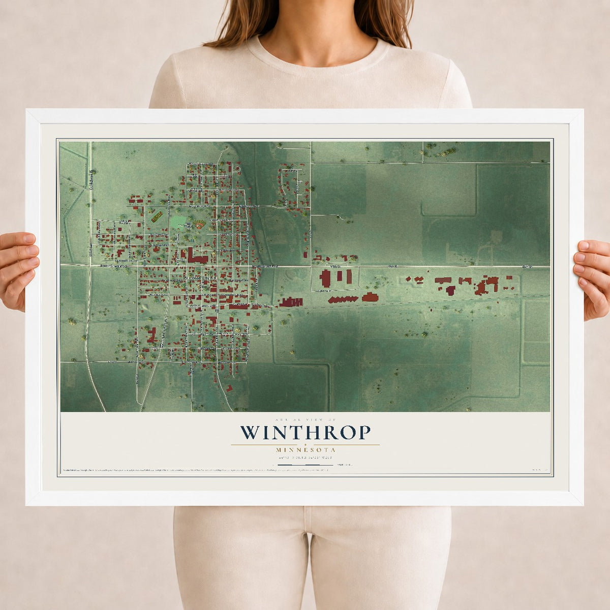 Map of Winthrop, Minnesota, 18 x 24 inch print in a white wood frame