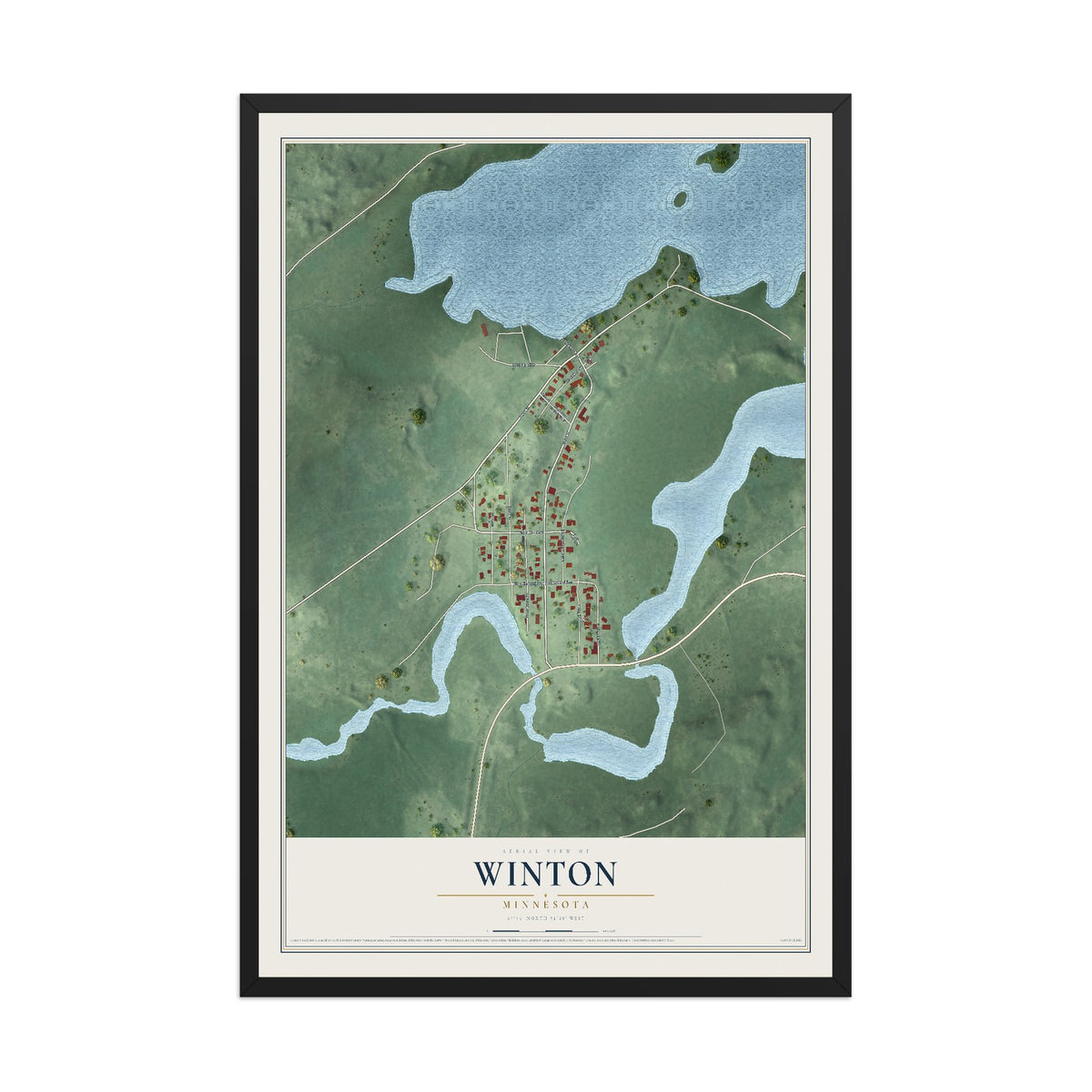 Map of Winton, Minnesota, 12 x 18 inch print in a black wood frame