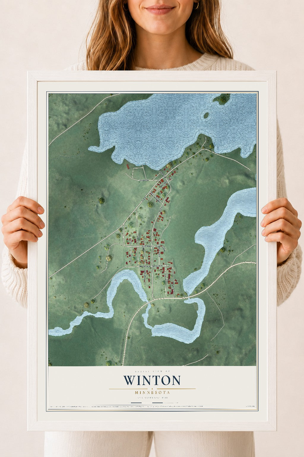 Map of Winton, Minnesota, 18 x 24 inch print in a white wood frame