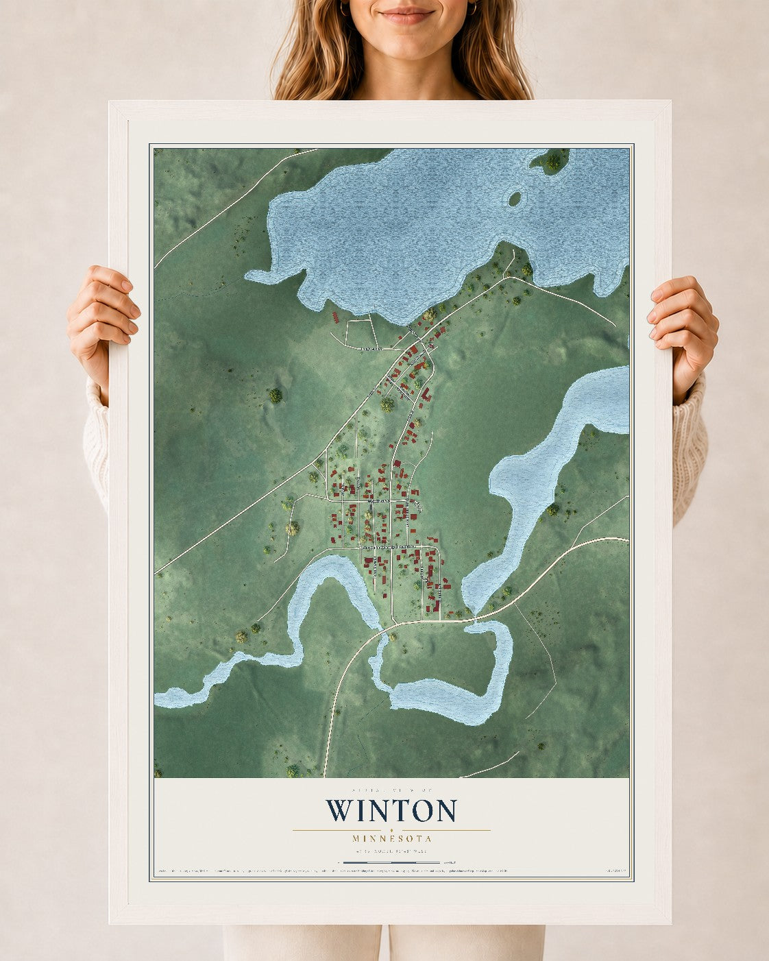 Map of Winton, Minnesota, 24 x 36 inch print in a white wood frame