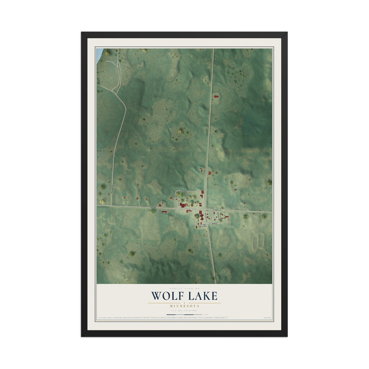 Map of Wolf Lake, Minnesota, 12 x 18 inch print in a black wood frame