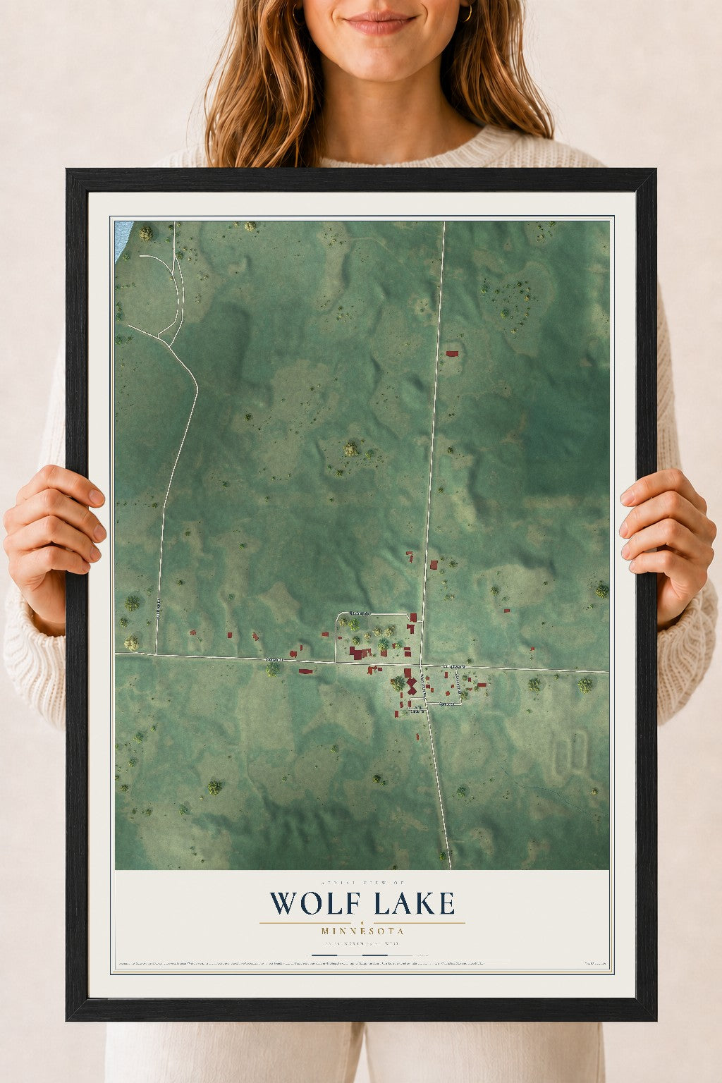 Map of Wolf Lake, Minnesota, 18 x 24 inch print in a black wood frame