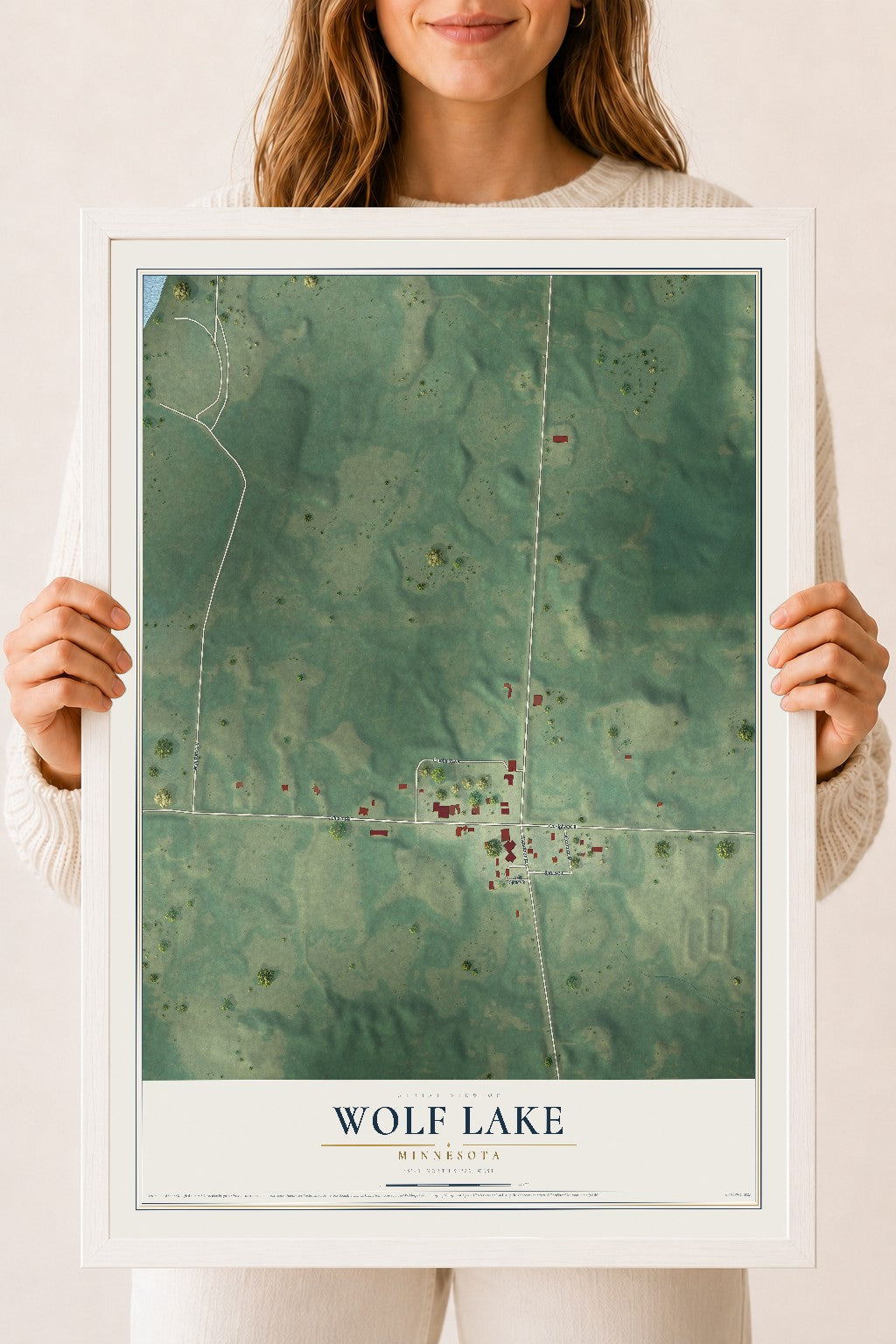 Map of Wolf Lake, Minnesota, 18 x 24 inch print in a white wood frame