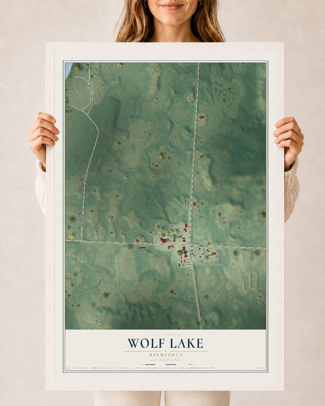 Map of Wolf Lake, Minnesota, 24 x 36 inch print in a white wood frame