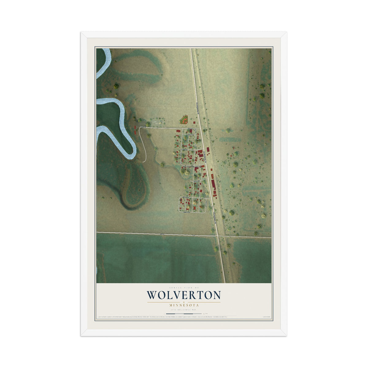 Map of Wolverton, Minnesota, 12 x 18 inch print in a white wood frame