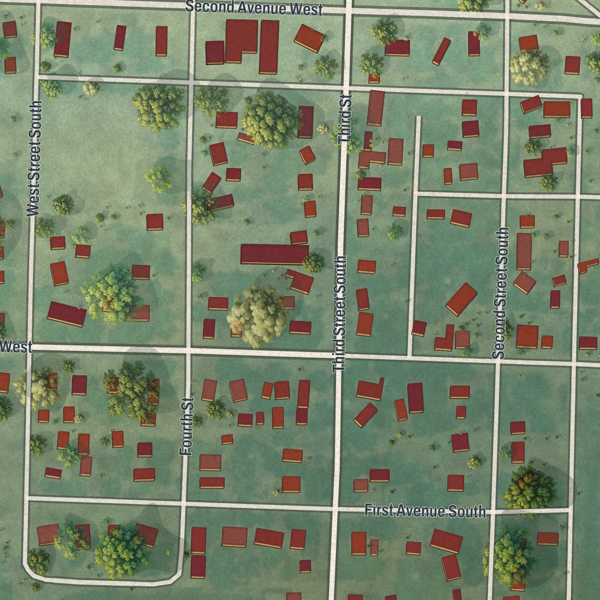 Close-up of the map of Wood Lake, Minnesota print showing street and building detail