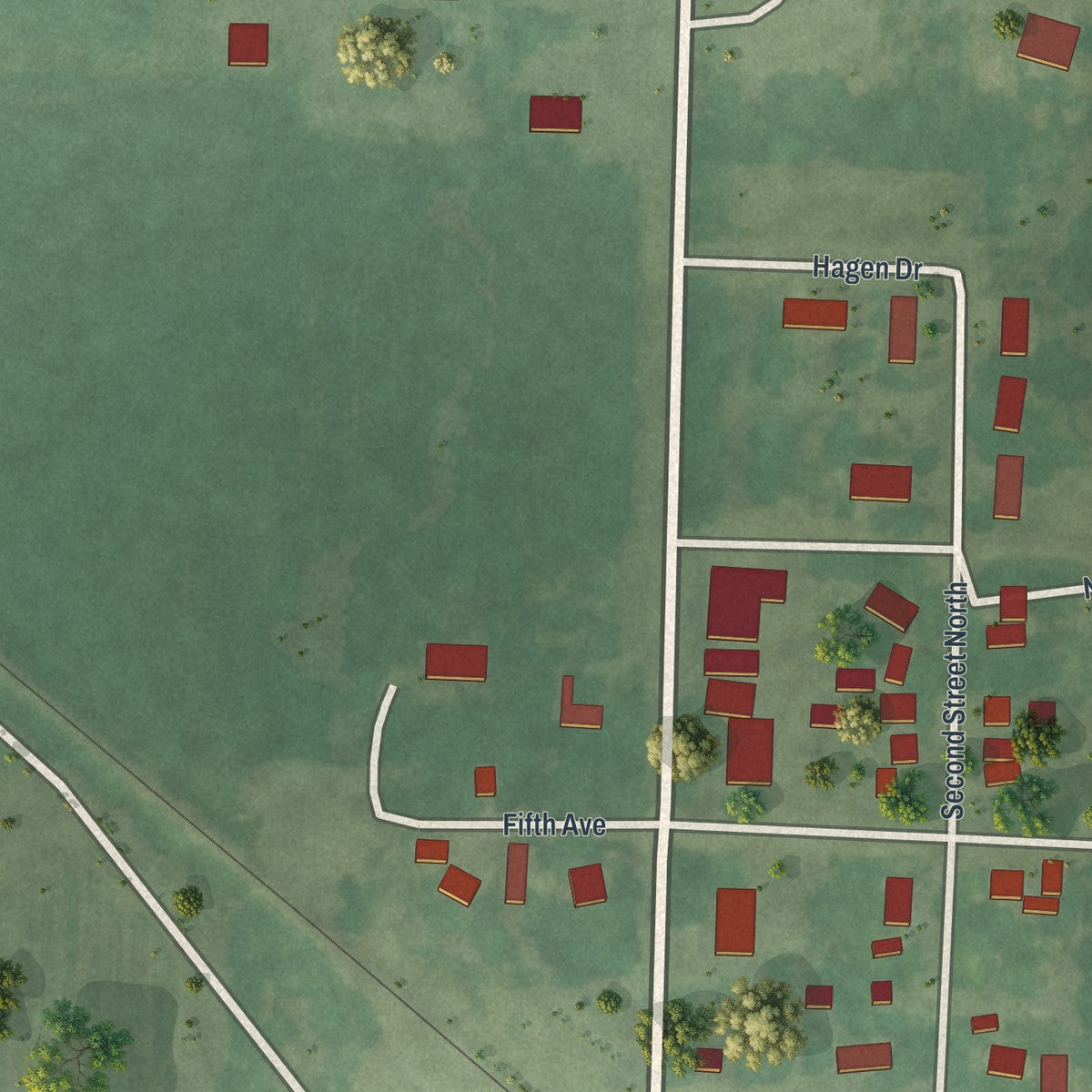 Second close-up of the map of Wood Lake, Minnesota print showing more streets and buildings