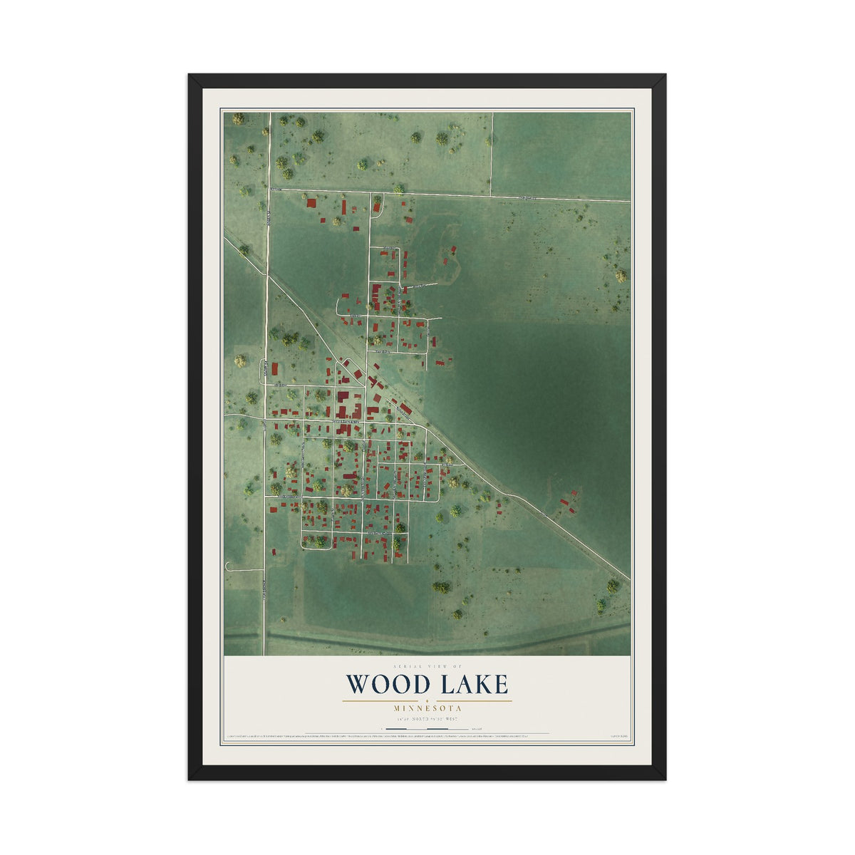 Map of Wood Lake, Minnesota, 12 x 18 inch print in a black wood frame