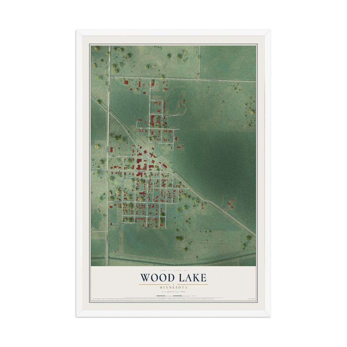 Map of Wood Lake, Minnesota, 12 x 18 inch print in a white wood frame