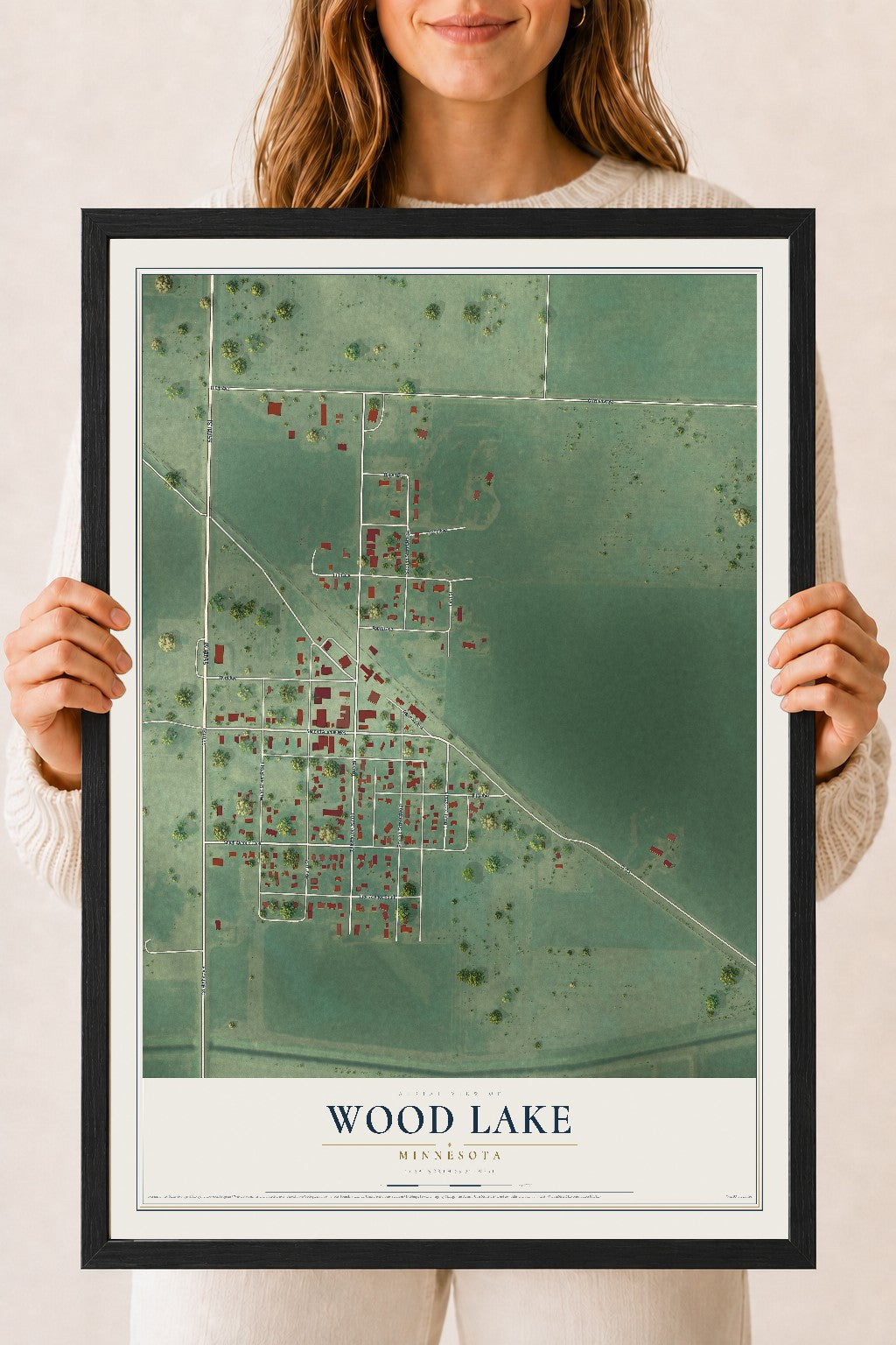 Map of Wood Lake, Minnesota, 18 x 24 inch print in a black wood frame