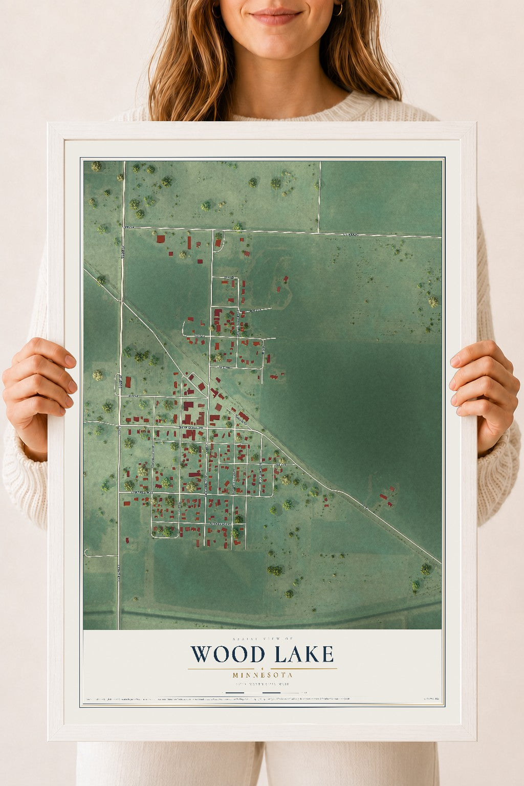 Map of Wood Lake, Minnesota, 18 x 24 inch print in a white wood frame