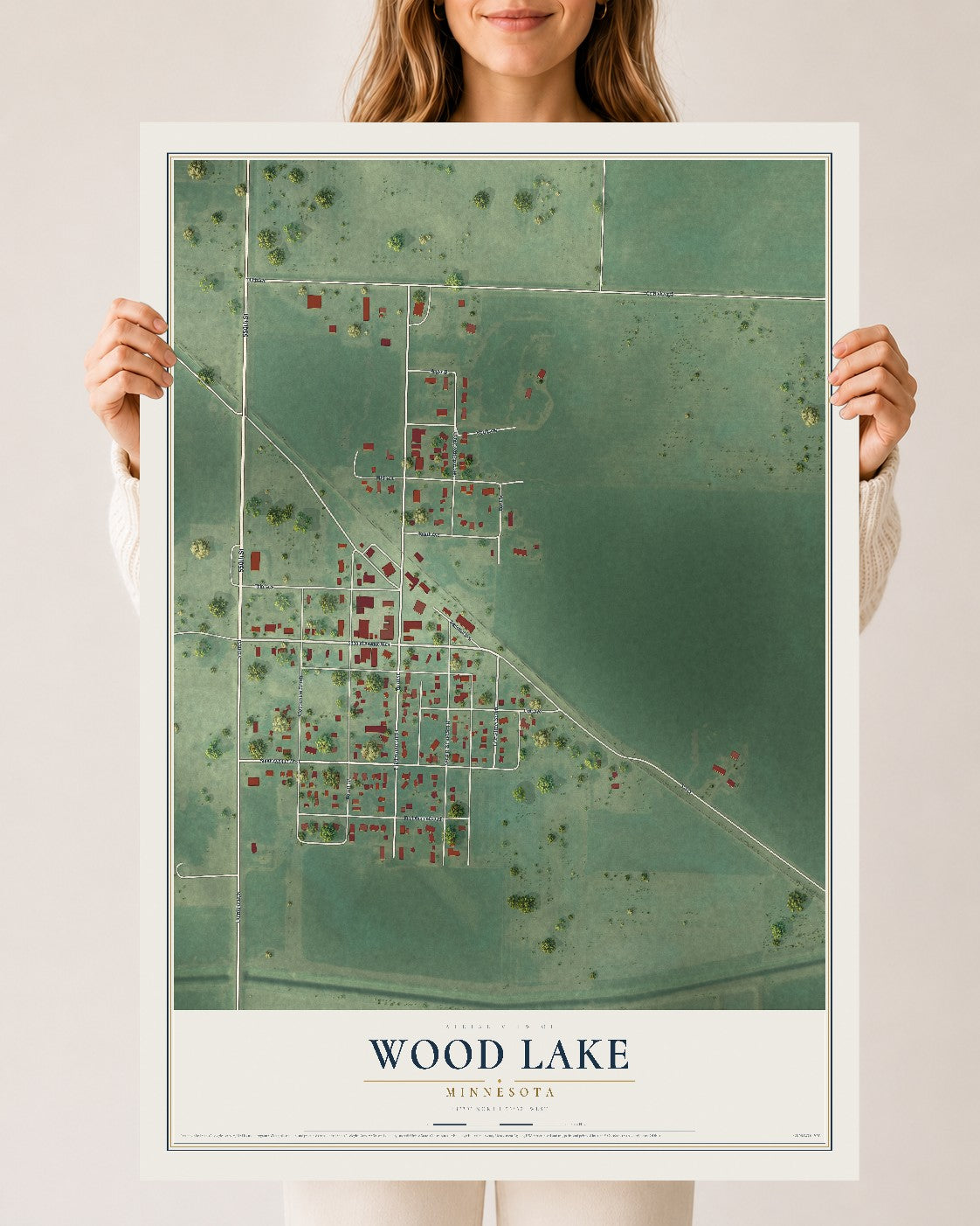 Map of Wood Lake, Minnesota, 24 x 36 inch unframed archival matte print