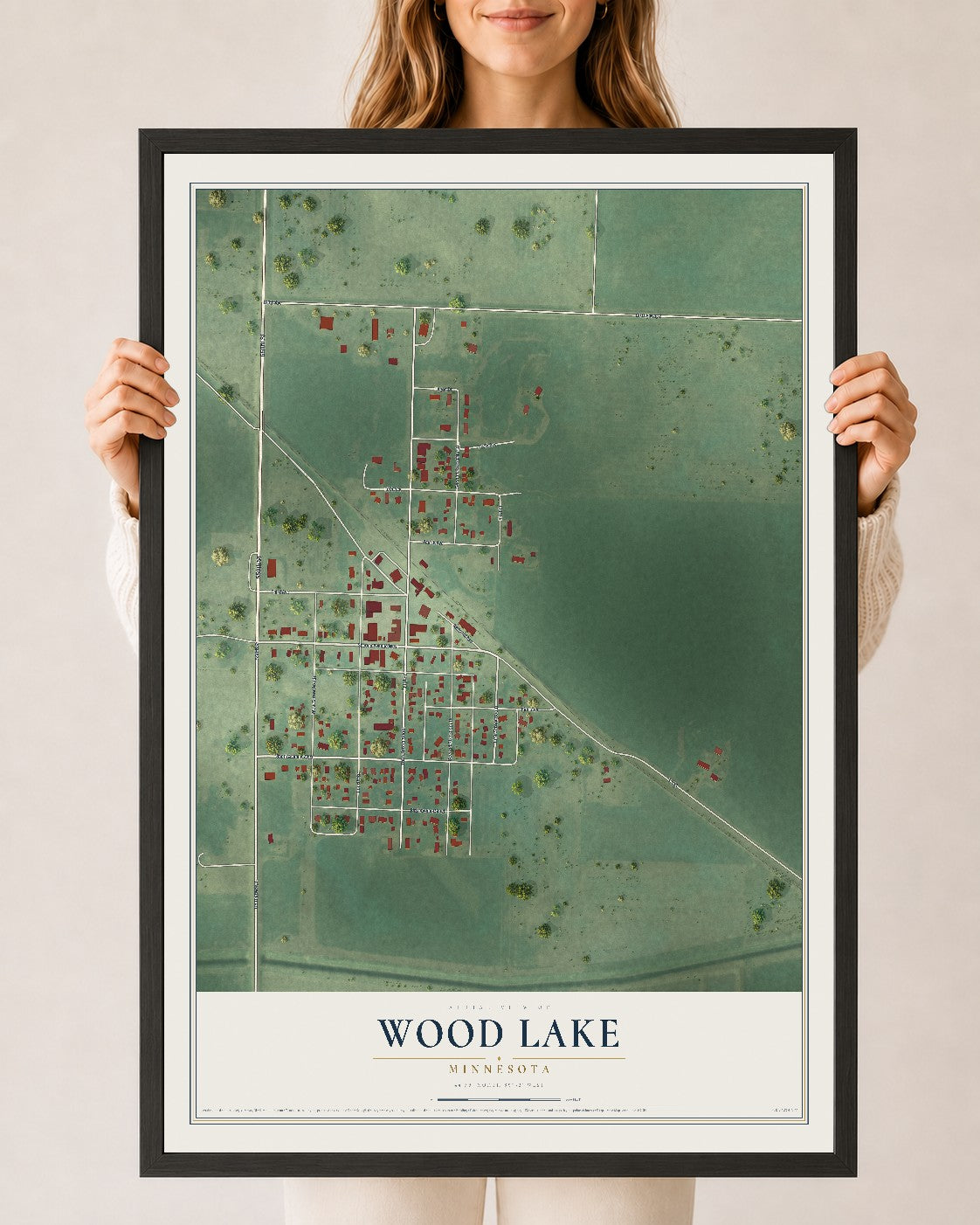 Map of Wood Lake, Minnesota, 24 x 36 inch print in a black wood frame
