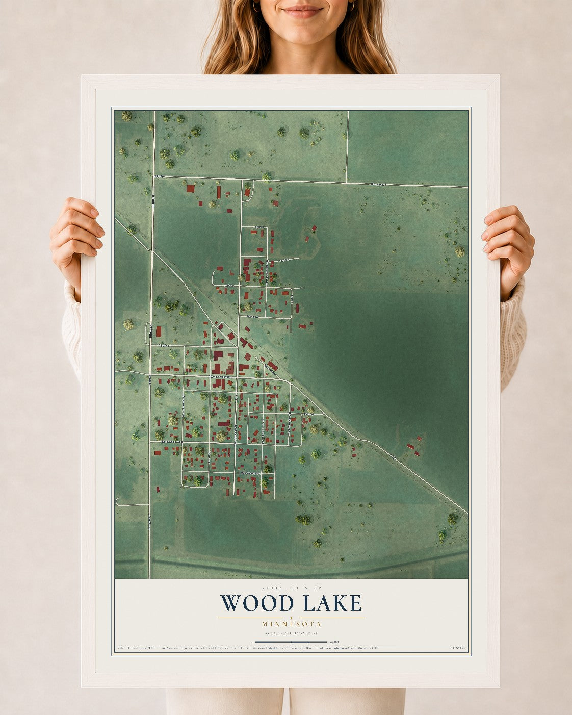 Map of Wood Lake, Minnesota, 24 x 36 inch print in a white wood frame