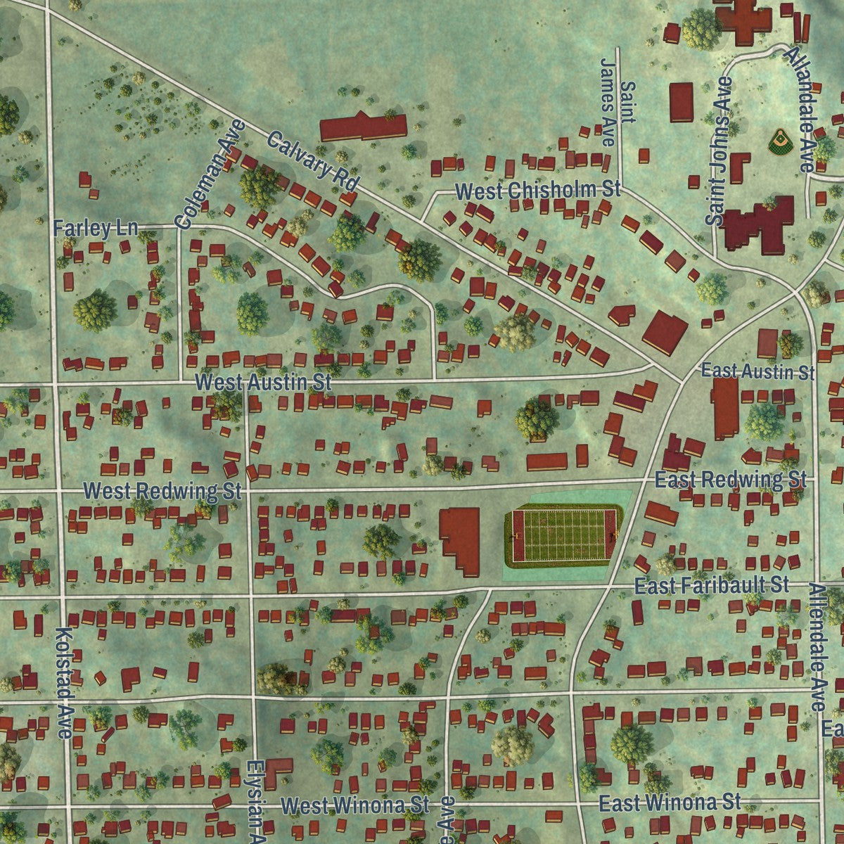 Close-up of the map of Woodland, Duluth, Minnesota print showing street and building detail