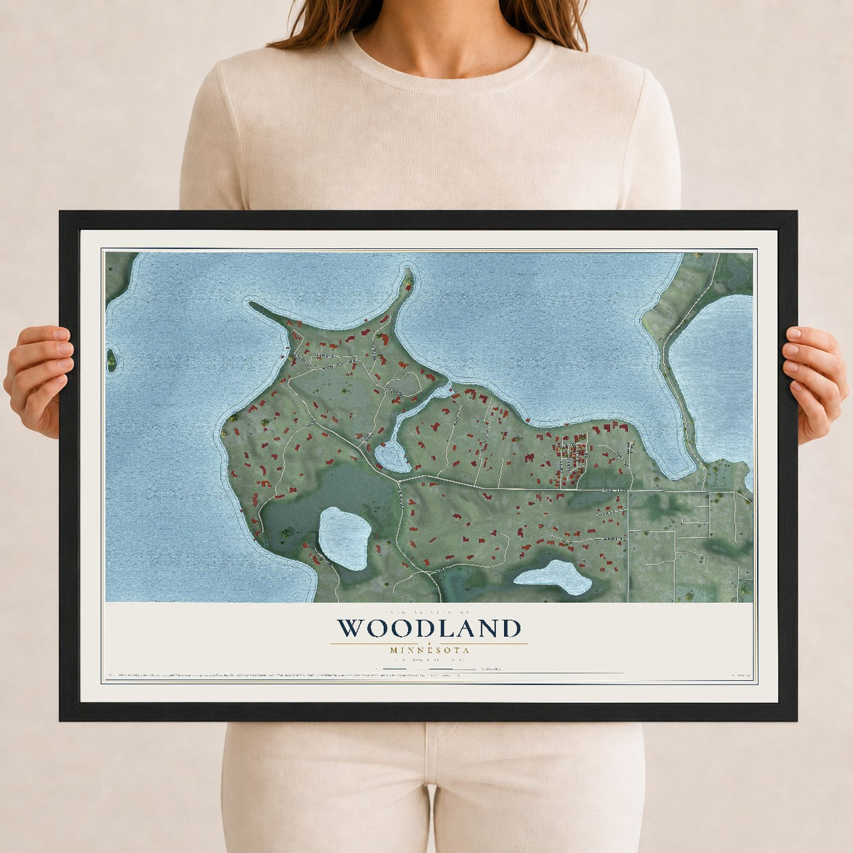 Map of Woodland, Minnesota, 12 x 18 inch print in a black wood frame