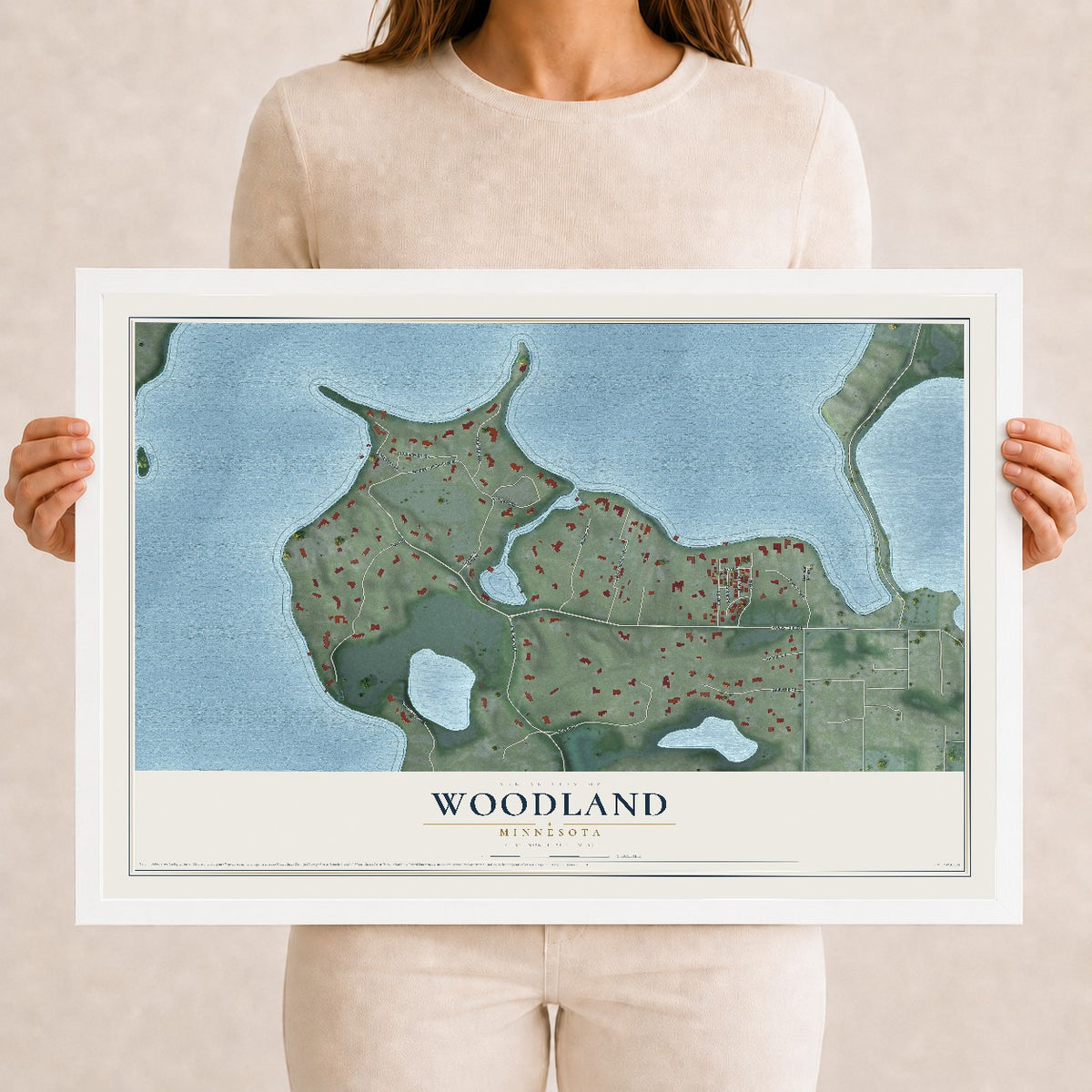 Map of Woodland, Minnesota, 12 x 18 inch print in a white wood frame