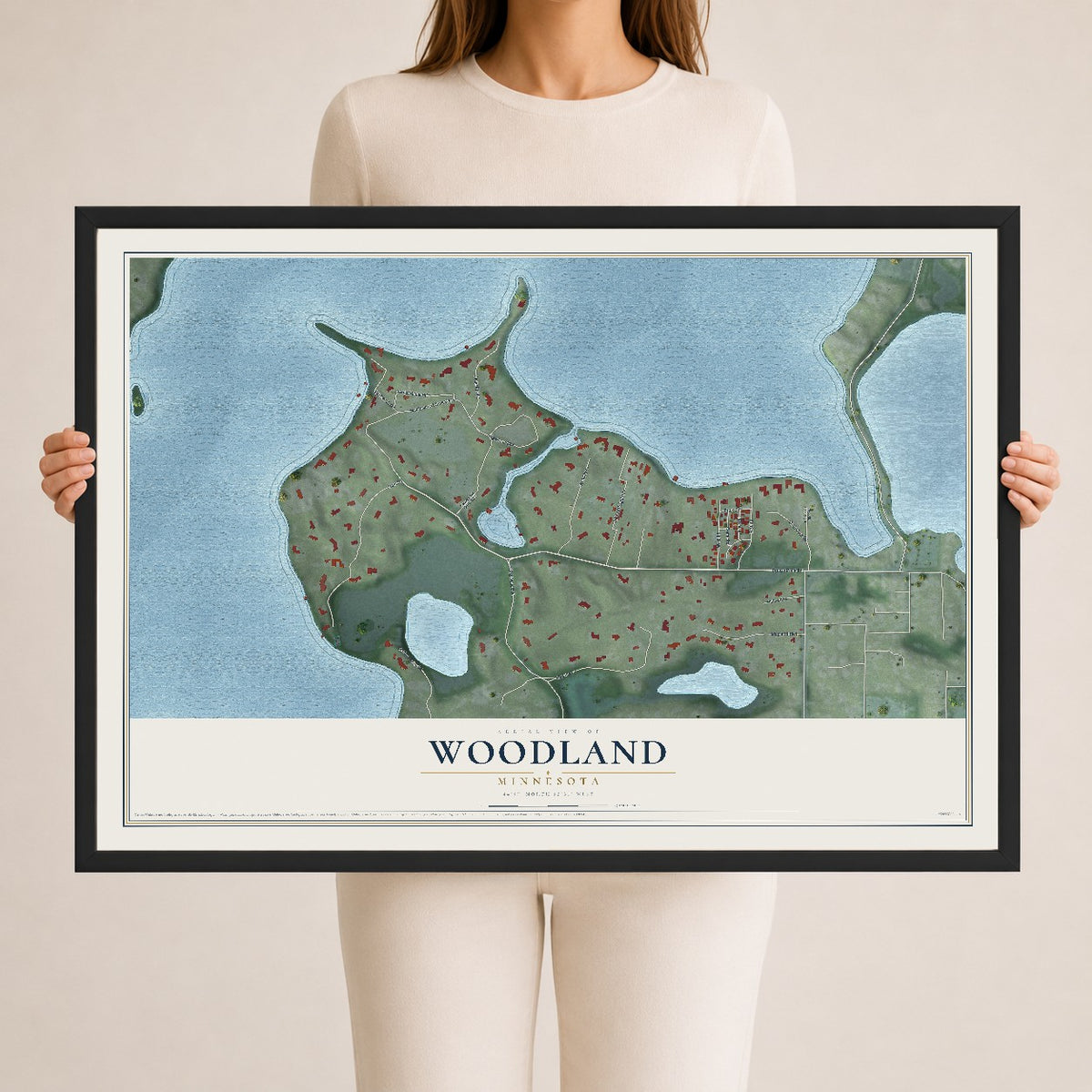 Map of Woodland, Minnesota, 24 x 36 inch print in a black wood frame