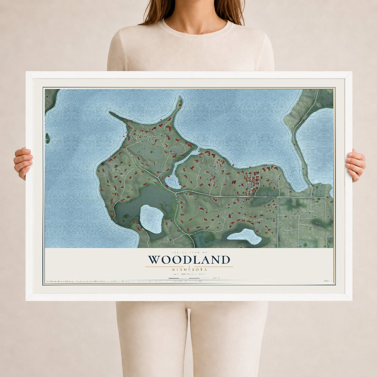 Map of Woodland, Minnesota, 24 x 36 inch print in a white wood frame