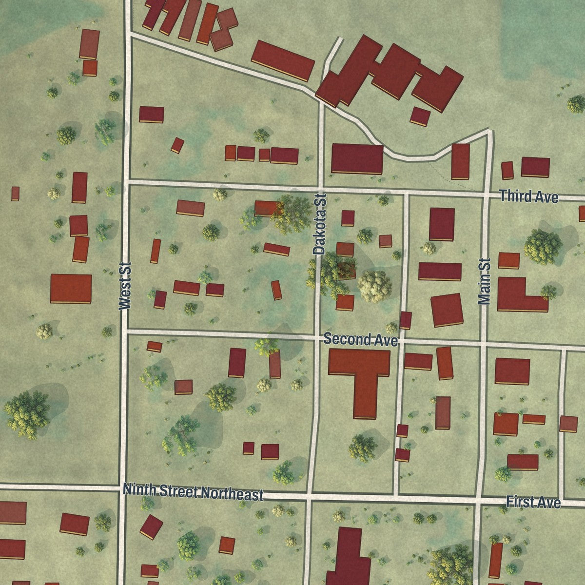 Close-up of the map of Woodstock, Minnesota print showing street and building detail