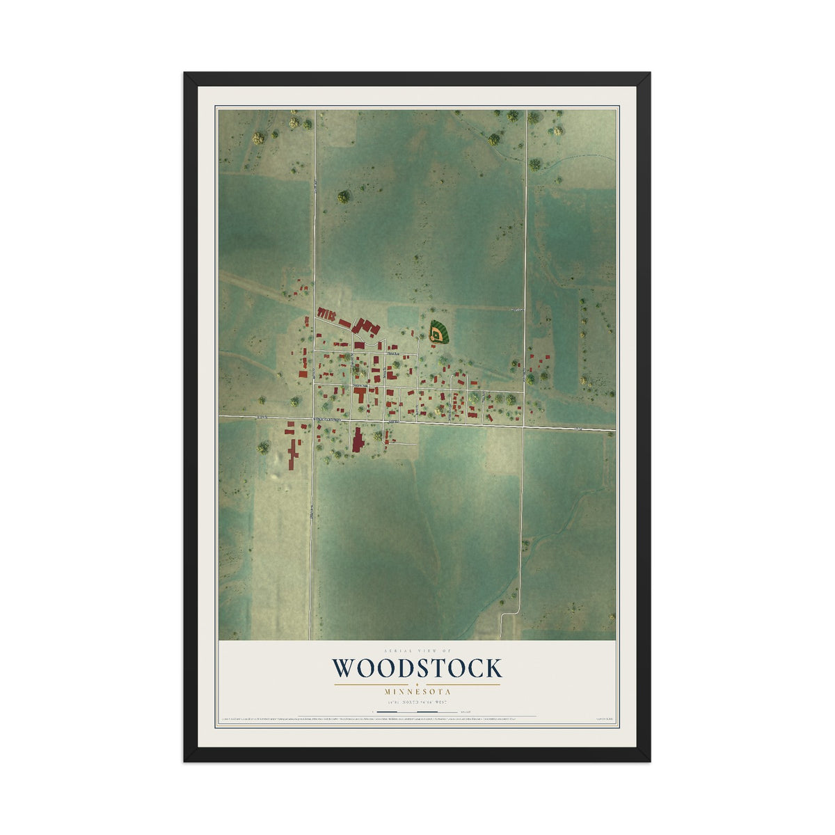 Map of Woodstock, Minnesota, 12 x 18 inch print in a black wood frame