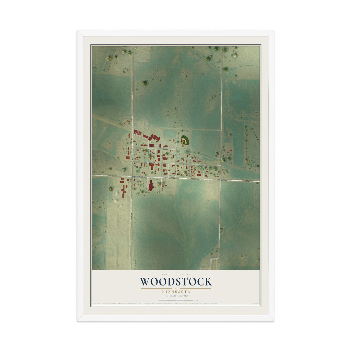 Map of Woodstock, Minnesota, 12 x 18 inch print in a white wood frame