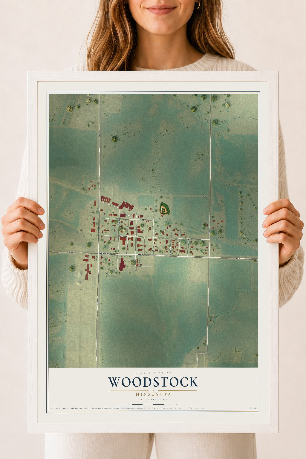 Map of Woodstock, Minnesota, 18 x 24 inch print in a white wood frame