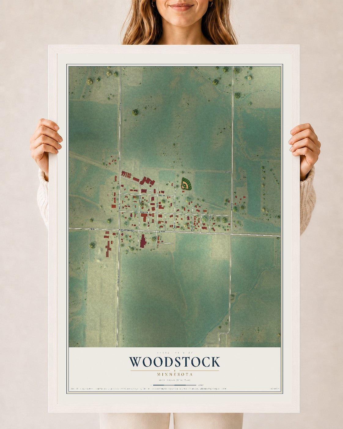 Map of Woodstock, Minnesota, 24 x 36 inch print in a white wood frame