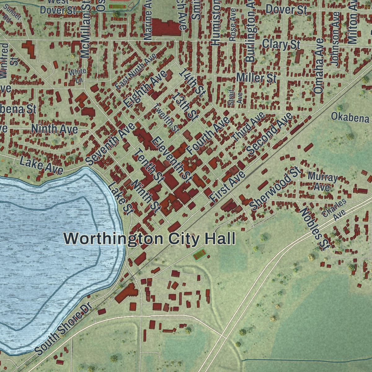Close-up of the map of Worthington, Minnesota print showing street and building detail