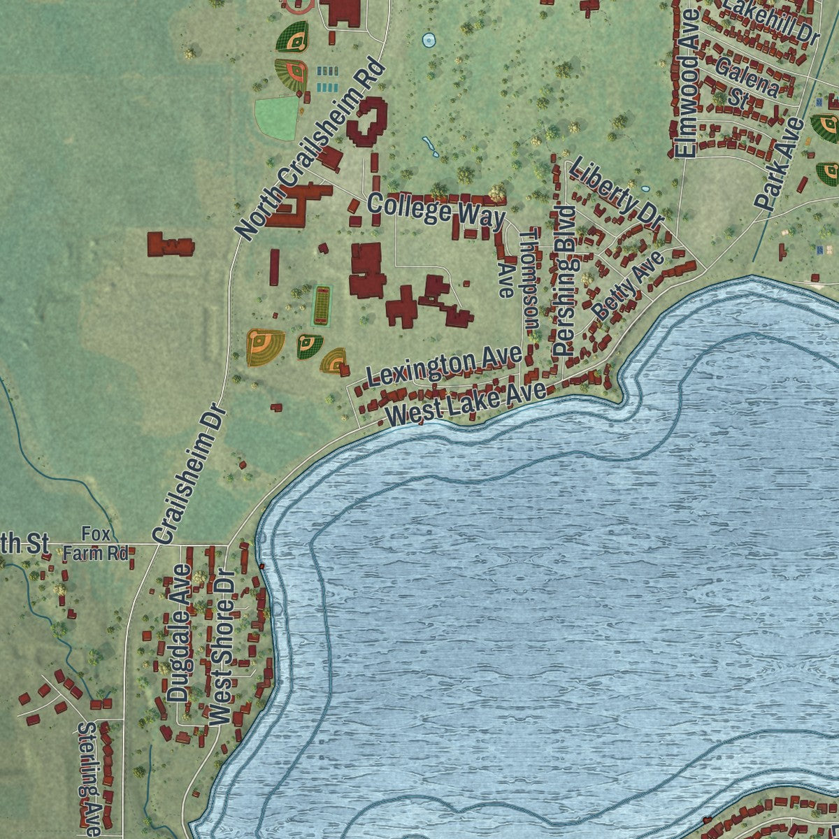 Second close-up of the map of Worthington, Minnesota print showing more streets and buildings