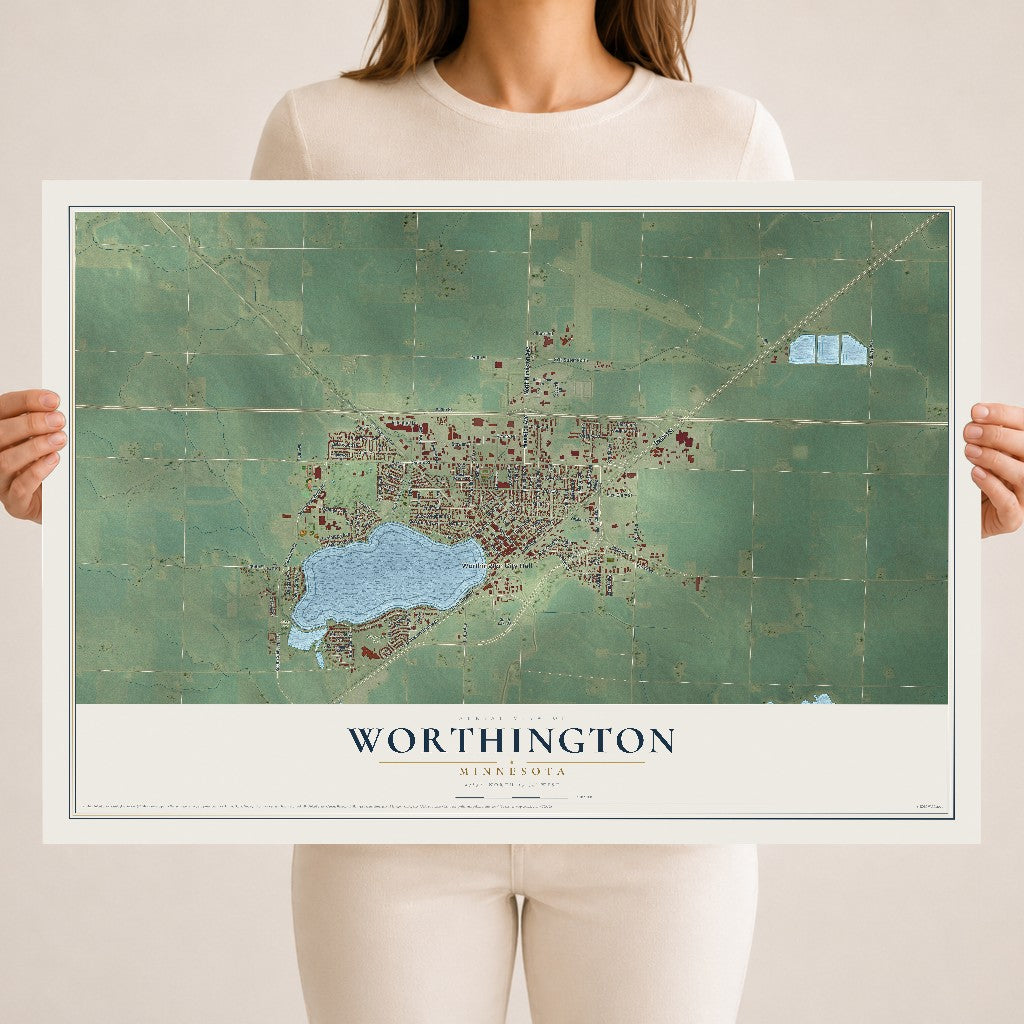 Map of Worthington, Minnesota, 18 x 24 inch unframed archival matte print