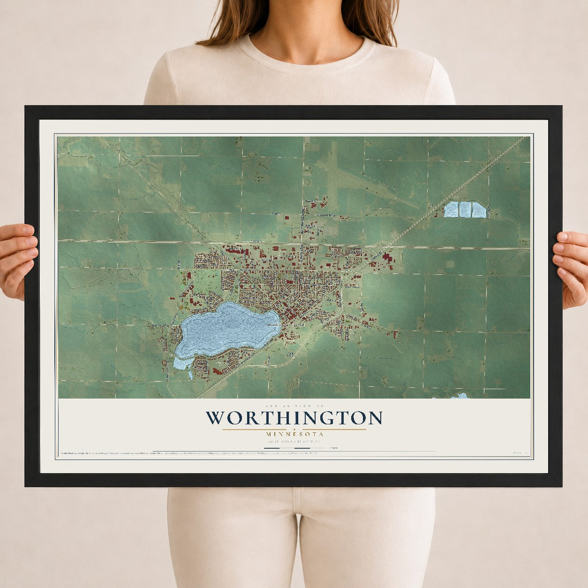 Map of Worthington, Minnesota, 18 x 24 inch print in a black wood frame