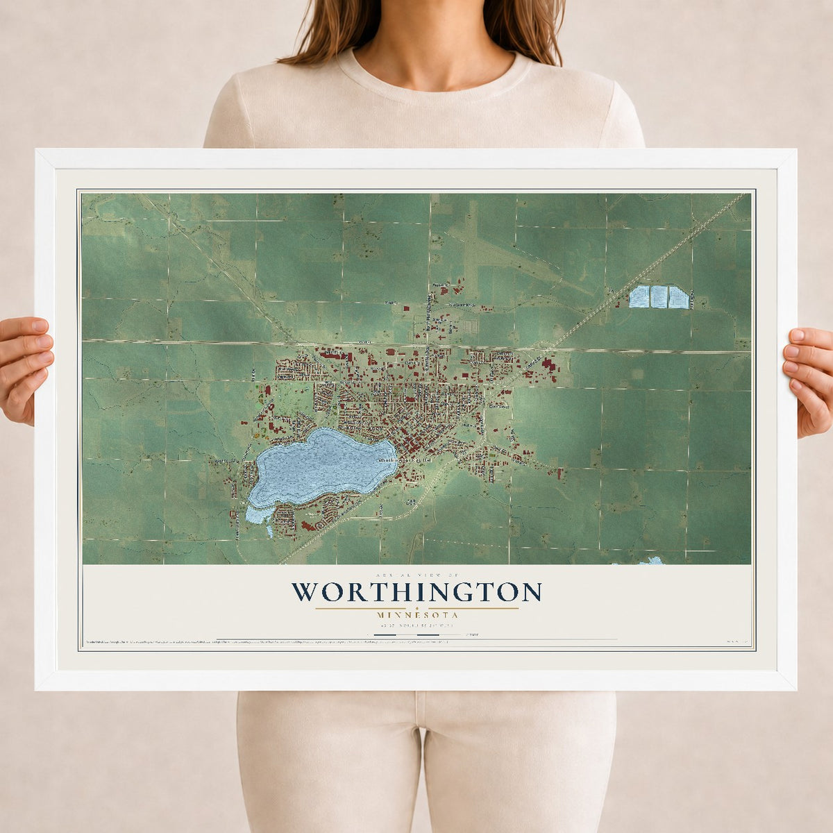 Map of Worthington, Minnesota, 18 x 24 inch print in a white wood frame
