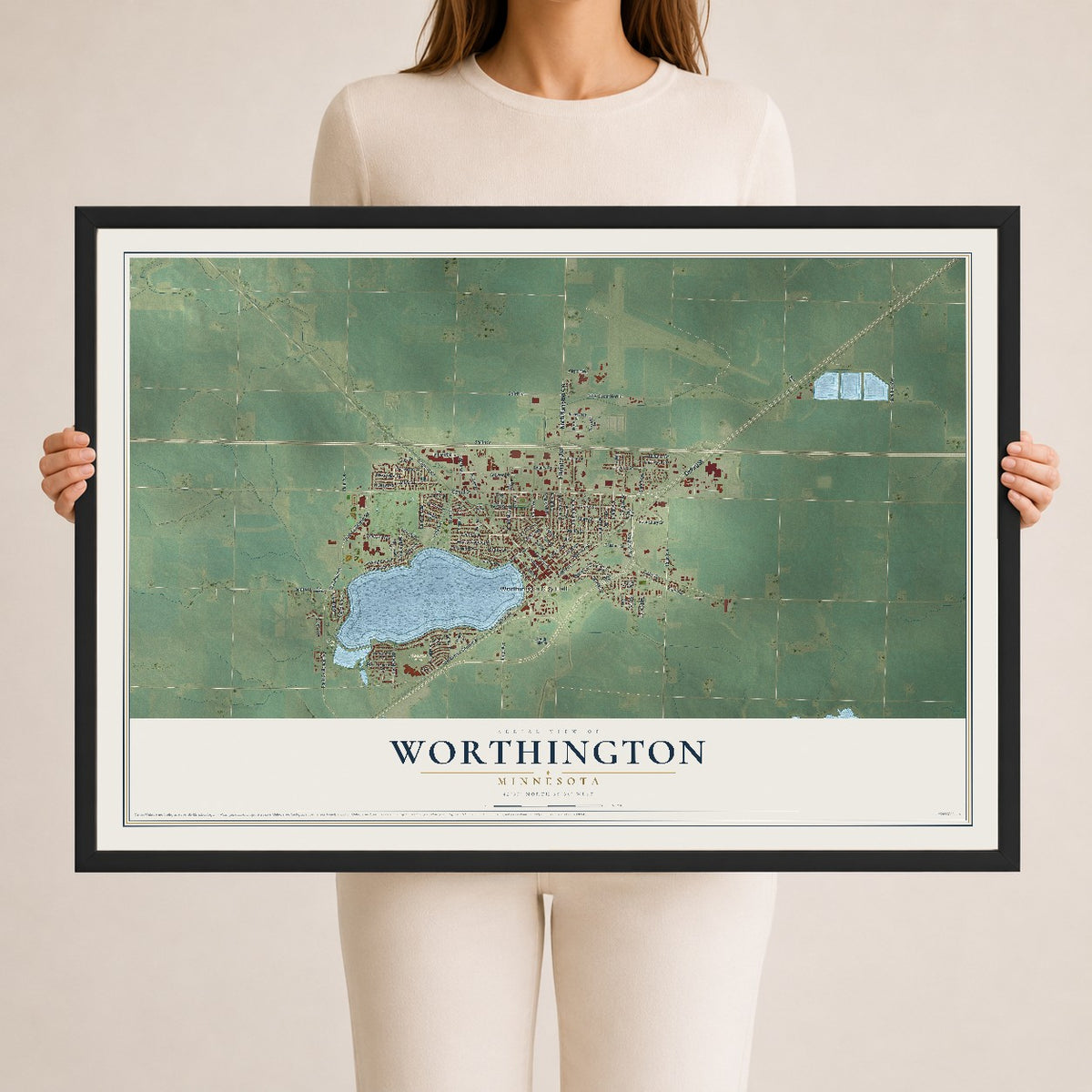 Map of Worthington, Minnesota, 24 x 36 inch print in a black wood frame