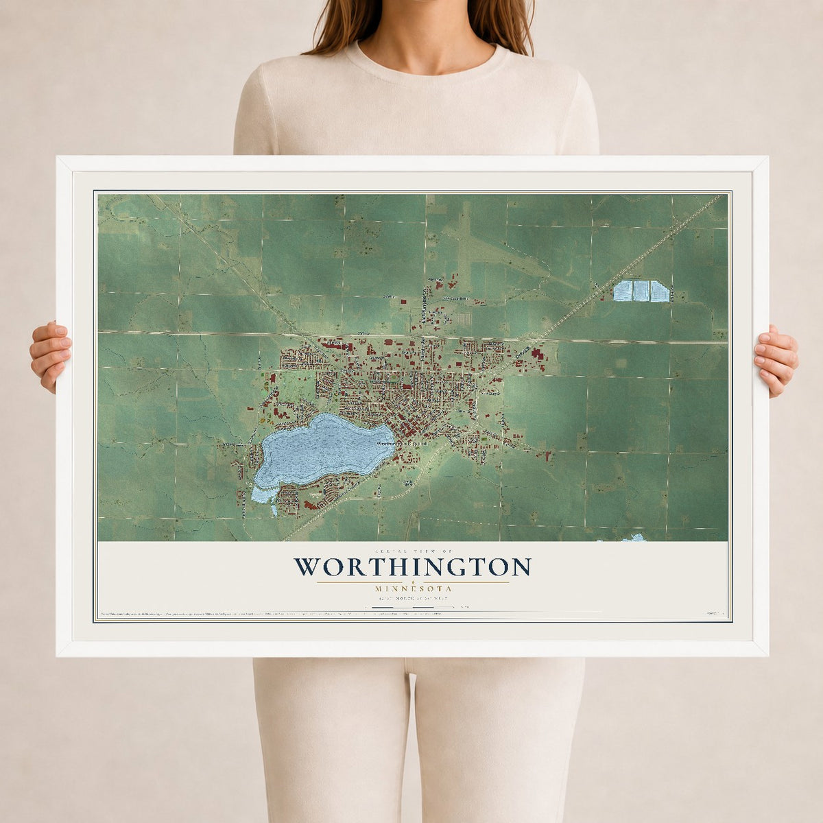 Map of Worthington, Minnesota, 24 x 36 inch print in a white wood frame