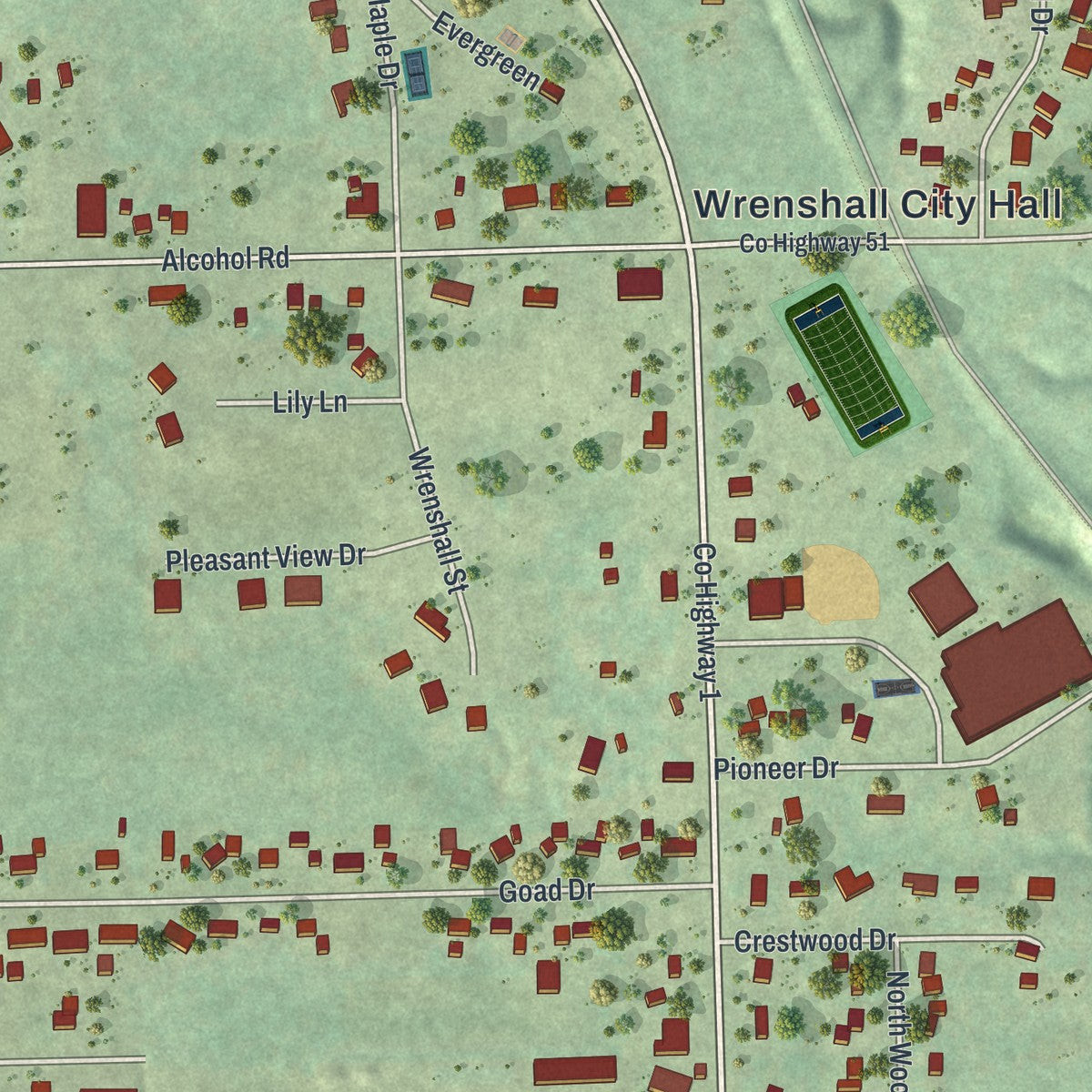 Close-up of the map of Wrenshall, Minnesota print showing street and building detail