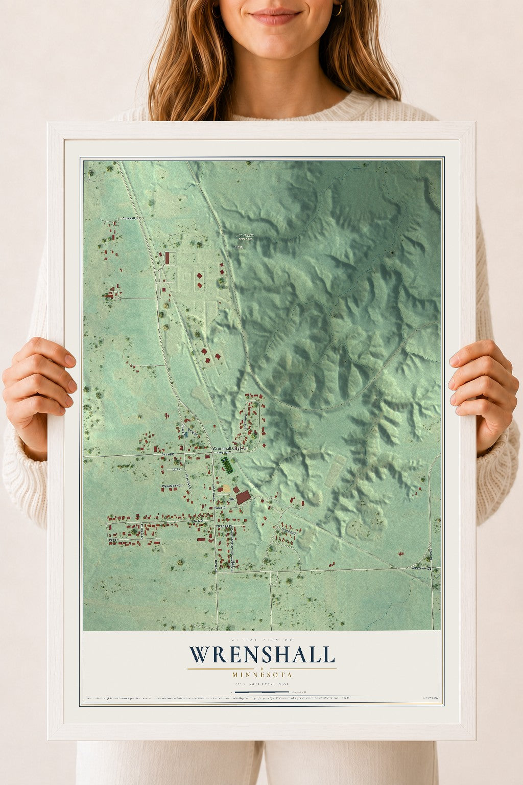 Map of Wrenshall, Minnesota, 18 x 24 inch print in a white wood frame