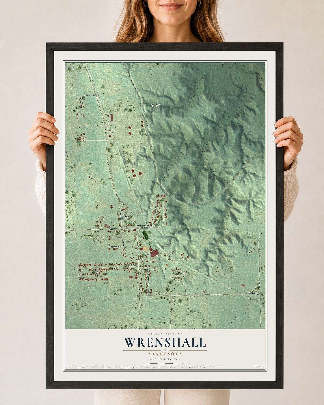 Map of Wrenshall, Minnesota, 24 x 36 inch print in a black wood frame