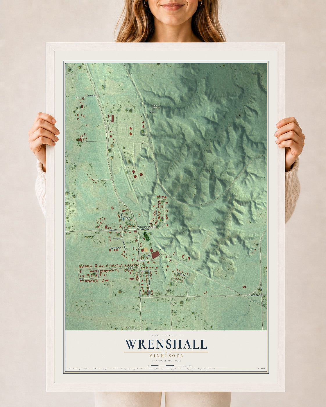 Map of Wrenshall, Minnesota, 24 x 36 inch print in a white wood frame