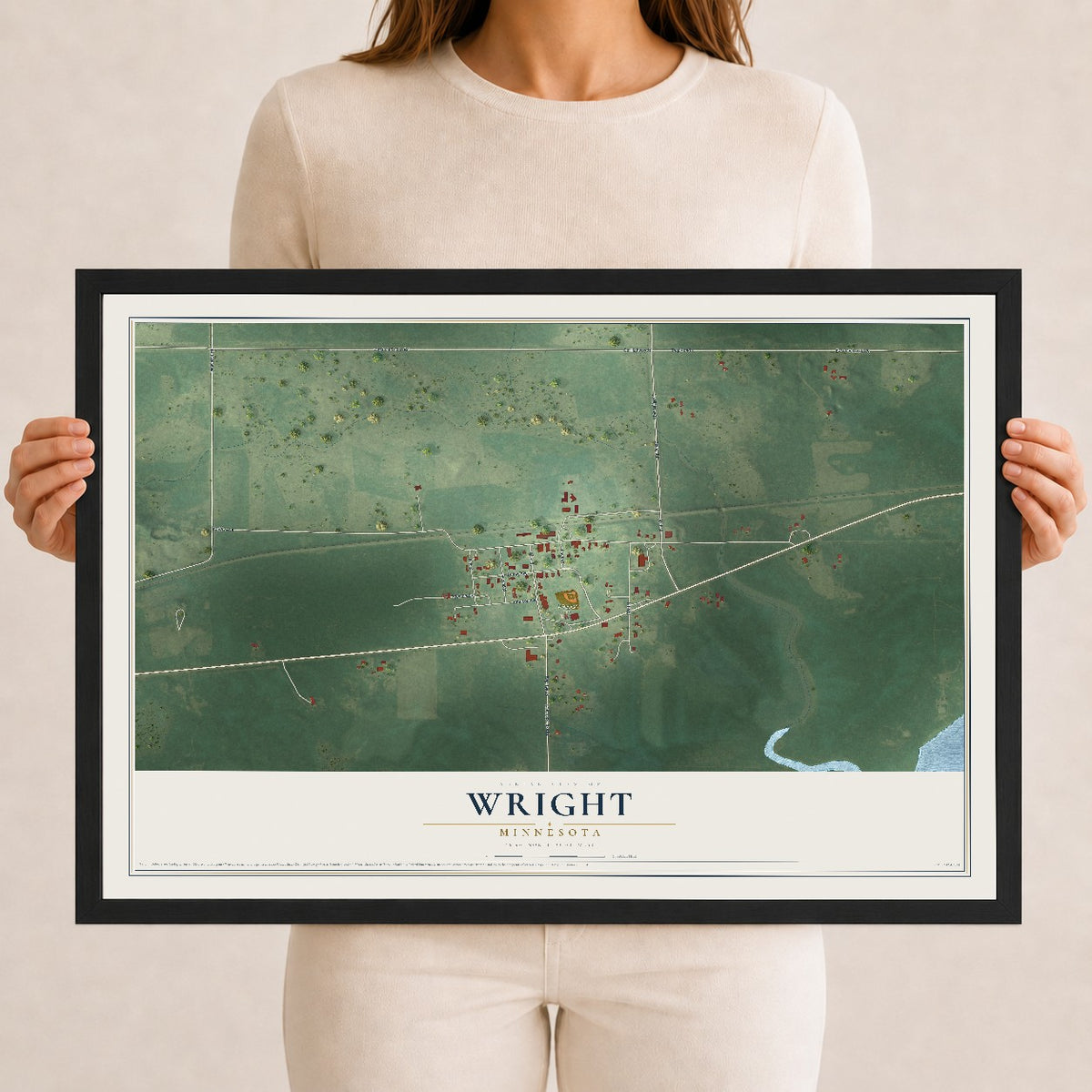 Map of Wright, Minnesota, 12 x 18 inch print in a black wood frame